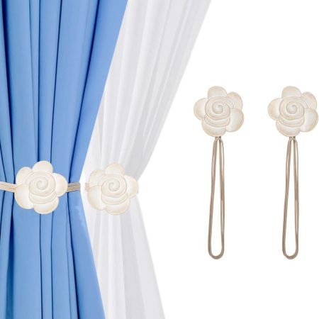 Magnetic Curtain Tiebacks, Upgrade Light Small 2 Pack Curtain Drapery Holdbacks, Window Ties Decorative Flower Buckle Holder for Home Cafe Balcony, Beige