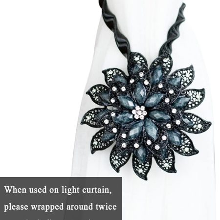 2PCS Magnetic Curtain Tiebacks Decorative Crystal Flower Shape Window Curtain Holdback Buckles Tie Backs Holders with Stretchable Wire Rope for Home and Office,Black