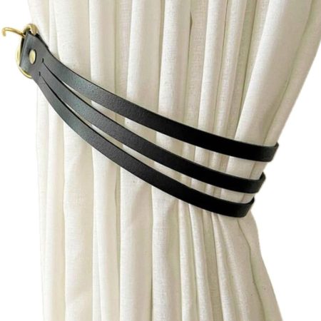 Leather Curtain Tiebacks , 2 Pcs Curtain Tiebacks,Leather Curtain Rod Holder,Thicken Curtain Tieback Ropes,Decorative Curtain Tie,Curtain Buckle Decorative (Black)