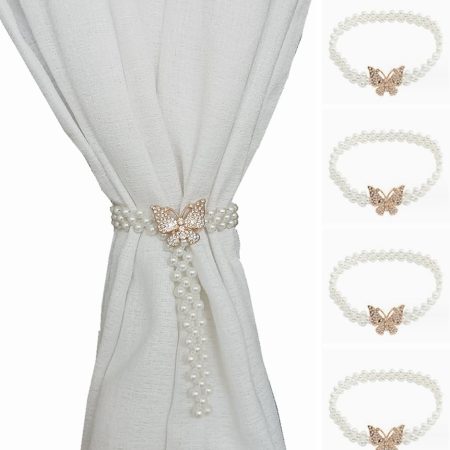 4-Pack White Beads Elastic Curtain Tiebacks (Butterfly Golden Buckle) Home Office Decorative Drapery Holdbacks…