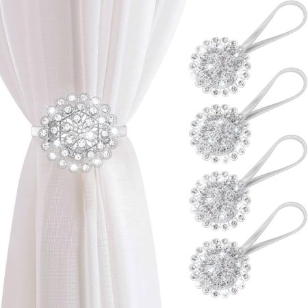 Magnetic Curtain Tiebacks, 4 Pack Magnetic Crystal Decorative Drapes Curtain Clips Buckle, Flower Curtain Tie Back, European and American Style (Silver)