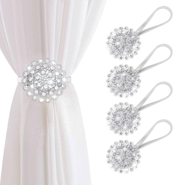 Magnetic Curtain Tiebacks, 4 Pack Magnetic Crystal Decorative Drapes Curtain Clips Buckle, Flower Curtain Tie Back, European and American Style (Silver)
