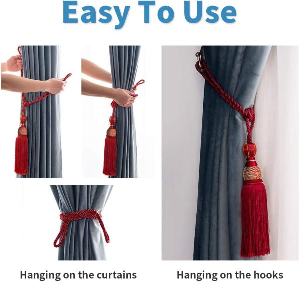 Decorative Curtain Tiebacks Ball Tassels Holdbacks, Home Office Windows Drapery Fasteners Braided Buckle Fringe Ropes, Set of 2 (Red)