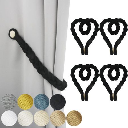 4 Pack Black Magnetic Soft Curtain Tiebacks Cotton Hand-Woven Tieback Holdback Home Decorative Tie Backs with Wooden Buckle for Home Office Decor