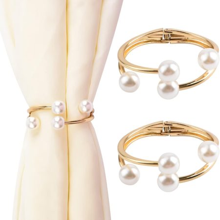 Curtain Tie Backs, 2Pcs Zinc Alloy Creative Curtain Holdbacks Decorative Irregular Pearl Curtain Tiebacks Spring Drape Holder Clip for Home Office (Gold)