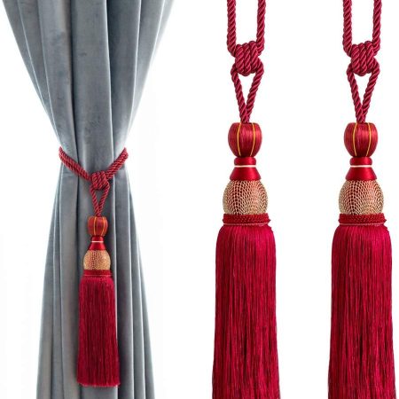 Decorative Curtain Tiebacks Ball Tassels Holdbacks, Home Office Windows Drapery Fasteners Braided Buckle Fringe Ropes, Set of 2 (Red)