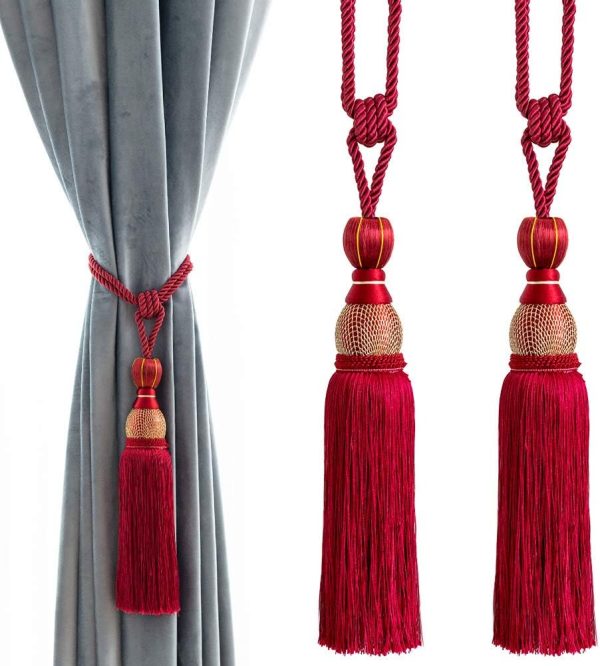 Decorative Curtain Tiebacks Ball Tassels Holdbacks, Home Office Windows Drapery Fasteners Braided Buckle Fringe Ropes, Set of 2 (Red)