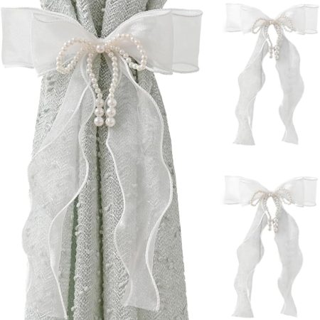 2 Pcs Bowknot Curtain Tiebacks, Butterfly Curtain Ties with Pearls, Sweet Bow Curtain Holdbacks Buckles for Home Decorative (White)