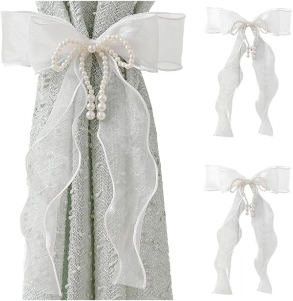 2 Pcs Bowknot Curtain Tiebacks, Butterfly Curtain Ties with Pearls, Sweet Bow Curtain Holdbacks Buckles for Home Decorative (White)