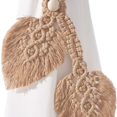 2 Pack Boho Curtain Tiebacks,Hand Knitting Cotton Curtain Holdbacks with Adjustable Natural Wooden Bead,Double Leaves Farmhouse Theme Curtain Tie Backs, for Indoor Outdoor Drapes Decorative,(Apricot)