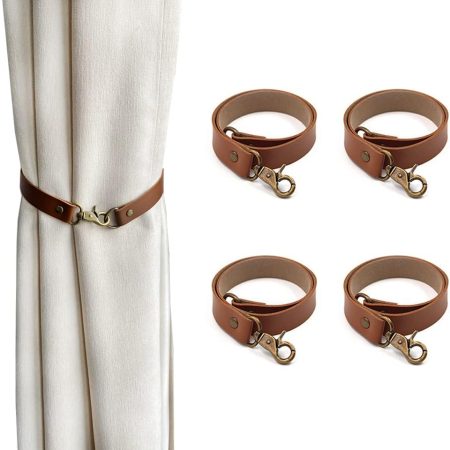 Leather Curtain Tiebacks, 4Pcs Leather Curtain Buckle Curtain Holdbacks Classic Curtain Ties No-Drilling Curtain Rope Tieback for Home Offic Living Room Bedroom Cafe Decorative (Brown)