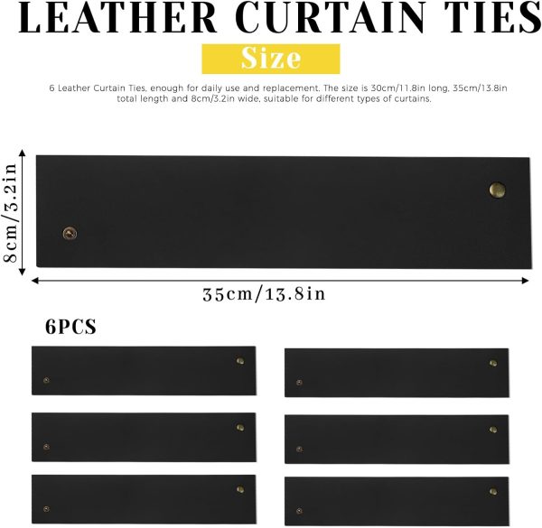 6Pcs Wide  Leather Curtain Tiebacks, Elegant Buckle Curtain Tie Backs Decorative Curtain Holdbacks Holders for Home Outdoor Curtains and Drapes, Black