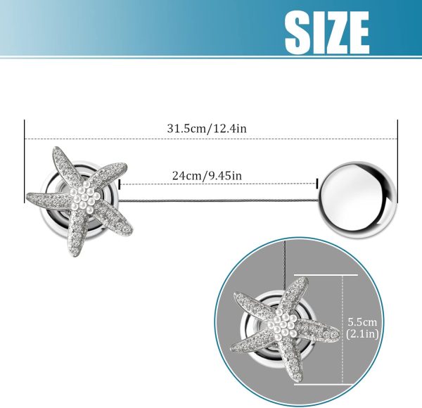 Curtain Tiebacks, Magnetic Curtain Holdbacks Silver Crystal Drapery Magnet Pearl Decorative Modern Curtain Buckle Starfish Metal Curtain Holders No Drill, Ties Backs for Curtains 4 Pack