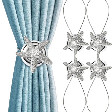 Curtain Tiebacks, Magnetic Curtain Holdbacks Silver Crystal Drapery Magnet Pearl Decorative Modern Curtain Buckle Starfish Metal Curtain Holders No Drill, Ties Backs for Curtains 4 Pack