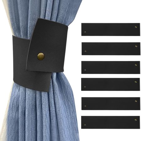 6Pcs Wide Leather Curtain Tiebacks, Elegant Buckle Curtain Tie Backs Decorative Curtain Holdbacks Holders for Home Outdoor Curtains and Drapes, Black