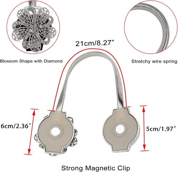 2 Packs Crystal Curtain Magnetic Tieback Flower Curtain Clips Buckle with Stretchy Wire Rope for Home Office Decoration (Silver)