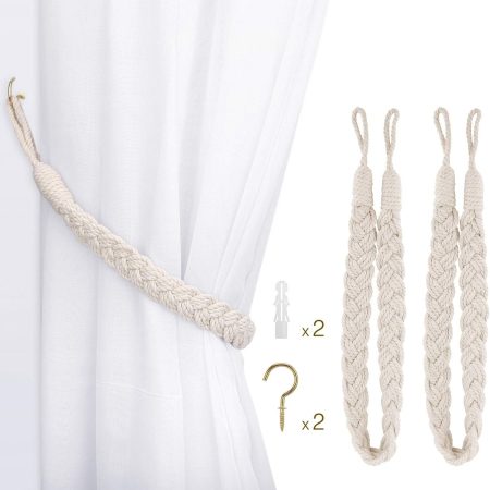 Curtain Rope Buckle, 2 Pieces Cotton Knitted Knot Braided Window Curtain Tiebacks Decorative Drapes Holdback for Living Room, Bedroom, Cafe - Beige
