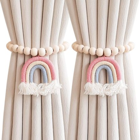 2 Pieces Wooden Beaded Curtain Tiebacks, Tassel Curtain Buckles Magnetic Curtain Buckles, Rainbow Tassel Curtain Tiebacks No nch Decoration