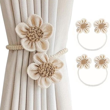 2pcs Curtain Tiebacks Floral No-nch Twist Curtain Tiebacks,Cute Curtain Holder Ties Flower Curtain Buckles Curtain Decorative Tiebacks Home Decoration (Beige)