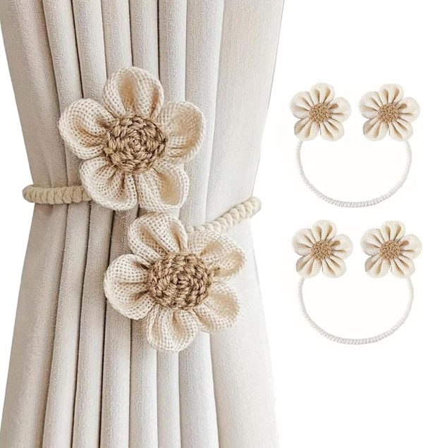2pcs Curtain Tiebacks Floral No-nch Twist Curtain Tiebacks,Cute Curtain Holder Ties Flower Curtain Buckles Curtain Decorative Tiebacks Home Decoration (Beige)