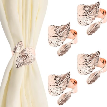 Rose Gold Tie Backs - 4PCS Metal Decorative Leaf Curtain Tiebacks, Creative Curtain Rope Buckles, Spring Drape Holder Clips for Home, Outdoor Decoration