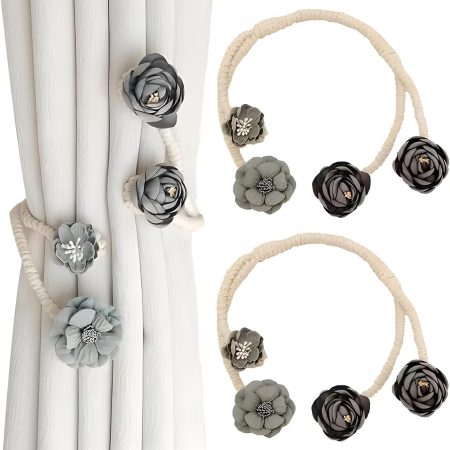 Curtain Tiebacks Clips, 2pcs Flower Curtain Buckles, Tie Backs for Curtains, Decorative Contemporary Style Curtain Ties with Large Flower Designs, Curtain Ties for Indoor and Outdoor (Gray)
