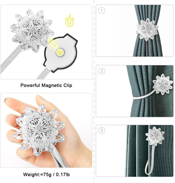 Magnetic Curtain Tiebacks, 4 Pack Magnetic Decorative Drapes Curtain Clips Buckle, Flower Curtain Tie Back, European and American Style (Silver)