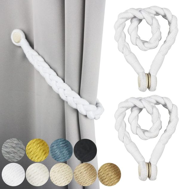 2 Pack White Magnetic Soft Curtain Tiebacks Cotton Hand-Woven Tieback Holdback Home Decorative Tie Backs with Wooden Buckle for Home Office Decor