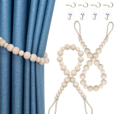 2 Pcs Boho Curtain Tiebacks,Wood Beads Curtain Holdbacks,Outdoor Farmhouse Tie Backs for Curtains,Curtain Holders for Drapes Home Office Decor with Hooks No Drilling(Wood Color)