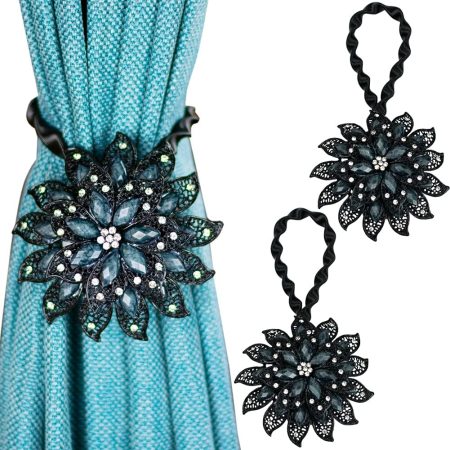 2PCS Magnetic Curtain Tiebacks Decorative Crystal Flower Shape Window Curtain Holdback Buckles Tie Backs Holders with Stretchable Wire Rope for Home and Office,Black
