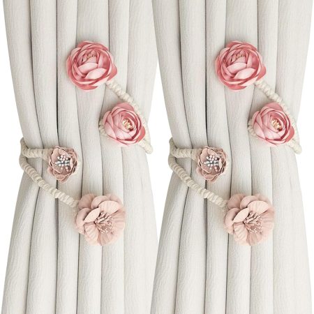 Boho Flower Curtain tie Backs Handmade Curtains tiebacks Curtain Holder Tie Backs for Curtains Braided,Cute Flower Curtain Ties Decorative Rope for Bedroom Window Treatment