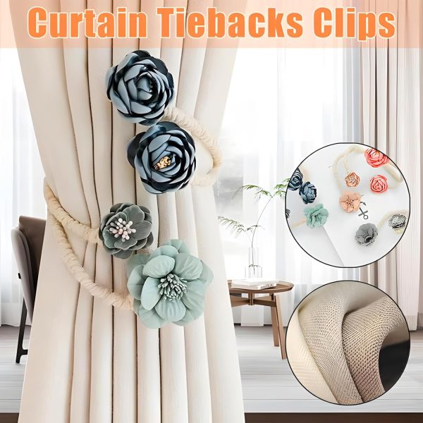 Curtain Tiebacks Clips, 2pcs Flower Curtain Buckles, Tie Backs for Curtains, Decorative Contemporary Style Curtain Ties with Large Flower Designs, Curtain Ties for Indoor and Outdoor (Gray)
