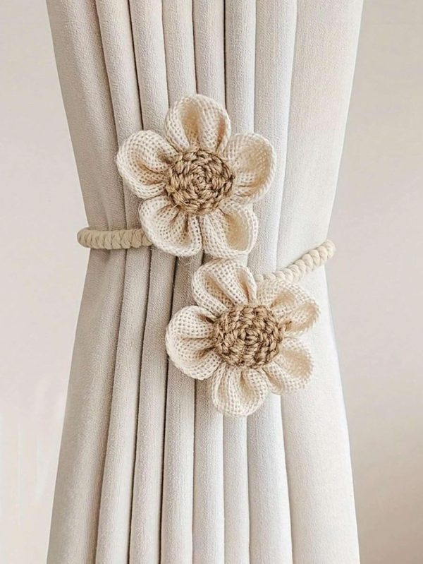 2pcs Curtain Tiebacks Floral No-nch Twist Curtain Tiebacks,Cute Curtain Holder Ties Flower Curtain Buckles Curtain Decorative Tiebacks Home Decoration (Beige)