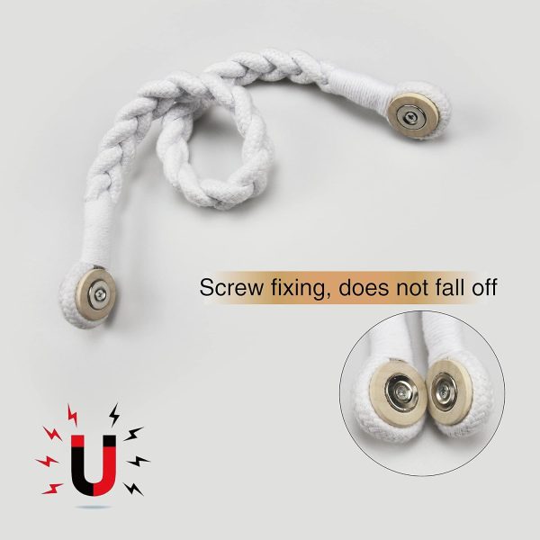 2 Pack White Magnetic Soft Curtain Tiebacks Cotton Hand-Woven Tieback Holdback Home Decorative Tie Backs with Wooden Buckle for Home Office Decor