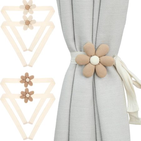 Boho Curtain Tiebacks 4 Pcs Cute Flower Curtain Ties for Drapes Single Daisy Curtain Buckles Flower Curtain Holdbacks Decorative Rope for Bedroom Window Draperies Decor (Beige/Khaki)