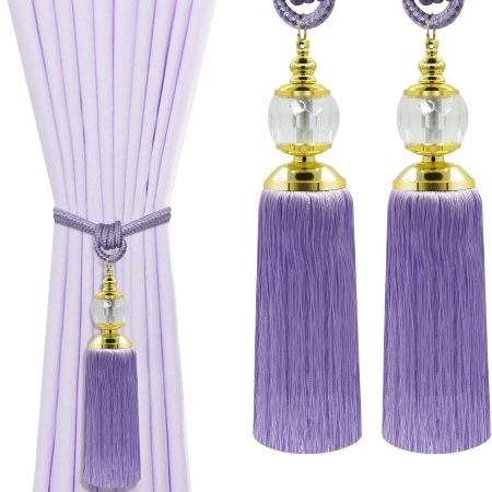 Curtain Tiebacks Tassel, Crystal Tie Back Hooks Holders for Drapes Large Boho Braided Curtain Tieback Buckle Drapery Holdbacks Decorative rple Tassels Ties for Curtains, Towels, 2 Pack