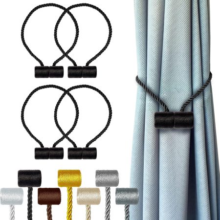 Magnetic Curtain Tiebacks Black 4 Pack, Curtain Tiebacks Buckles Holdbacks Holders Hooks Clip for Home Bedroom Office Decorative Thick or Thin Curtain