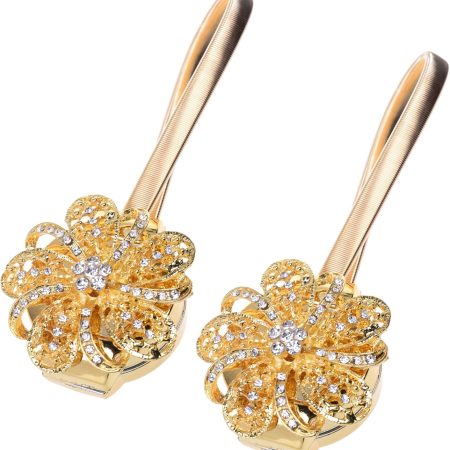 1 Pair Curtain Tieback Flower Curtain Clips Buckle Tie Backs Holder with Artificial Crystal and Stretchable Wire Rope for Home Office Bedroom Decoration (Golden Tone Color)