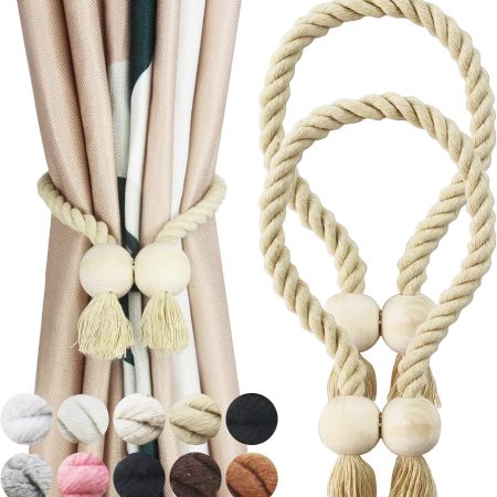 2 Pack Dark Beige Magnetic Curtain Tiebacks Cotton Hand Woven Tieback Holdback Decorative Tie Backs for Drapes with Wooden Buckle No Tools Required
