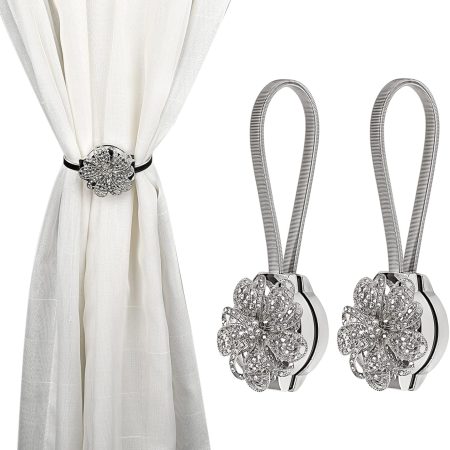 2 Packs Crystal Curtain Magnetic Tieback Flower Curtain Clips Buckle with Stretchy Wire Rope for Home Office Decoration (Silver)