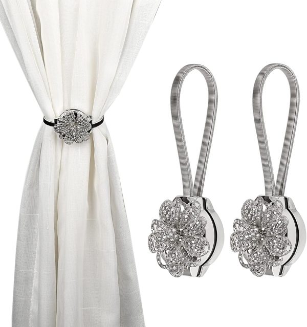 2 Packs Crystal Curtain Magnetic Tieback Flower Curtain Clips Buckle with Stretchy Wire Rope for Home Office Decoration (Silver)