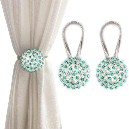 Magnetic Tiebacks for Curtains, 2 Pack Sparkling Crystal Flower Curtain Tiebacks Curtain Buckle Clips with High-Elastic Spring Wire for Home Office Decoration (Green)