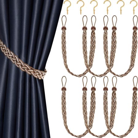 6 Pieces Braided Curtain Tiebacks Rope Belt Curtain Ties and 6 Pieces Hooks Metal Tieback Hooks for Window Accessories(Brown and Silver)